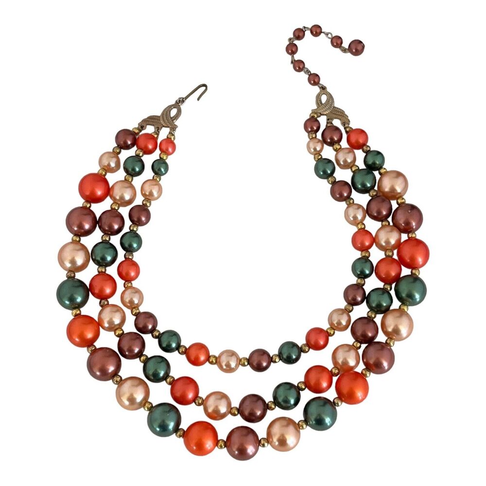 Vintage 1960s Multistrand Necklace Gold Tone Orange Faux Pearl Mid Century - 1S
